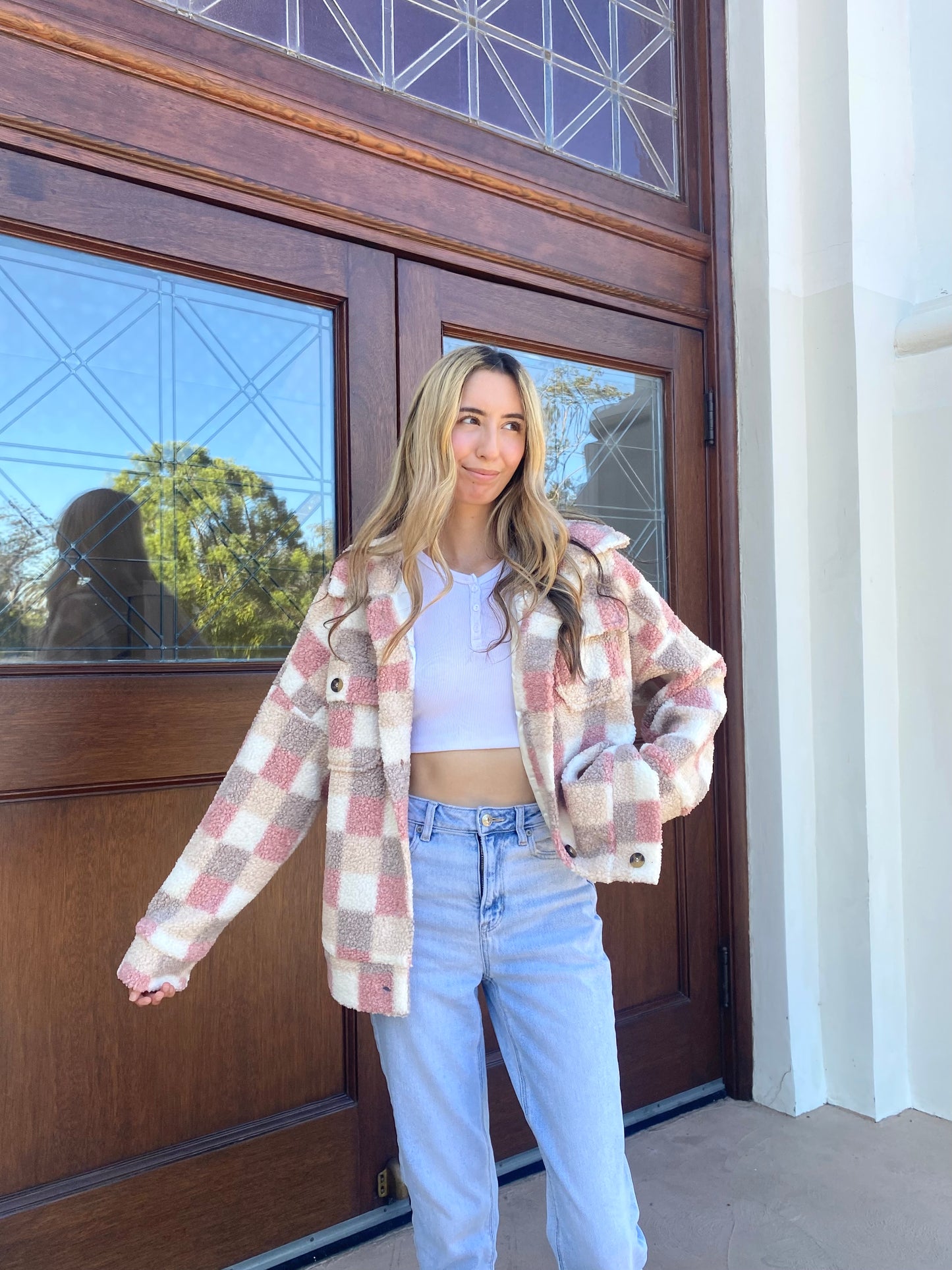 Neutral Pink Checkered Shacket