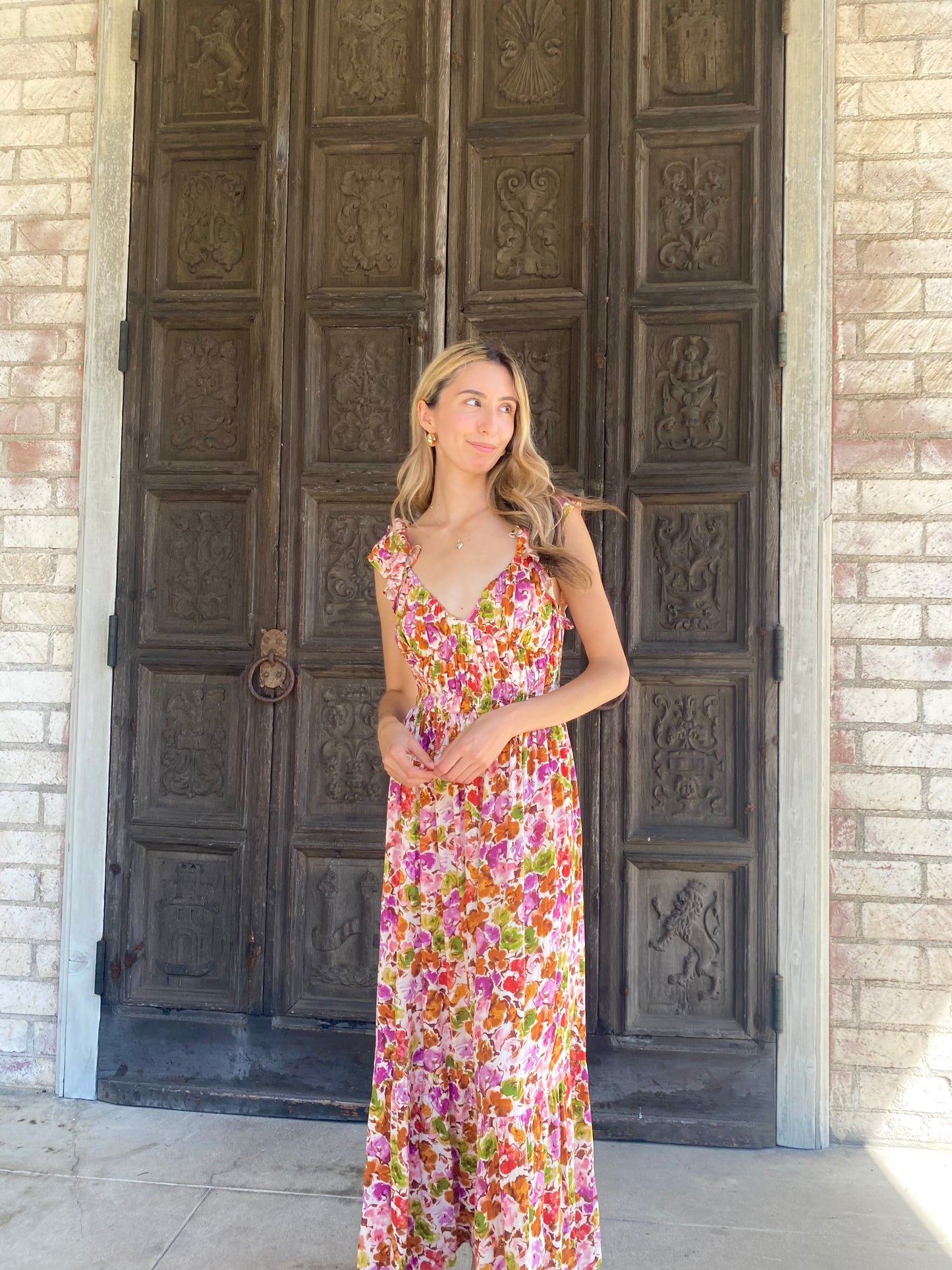 Magenta Floral Tie Back Midi Dress