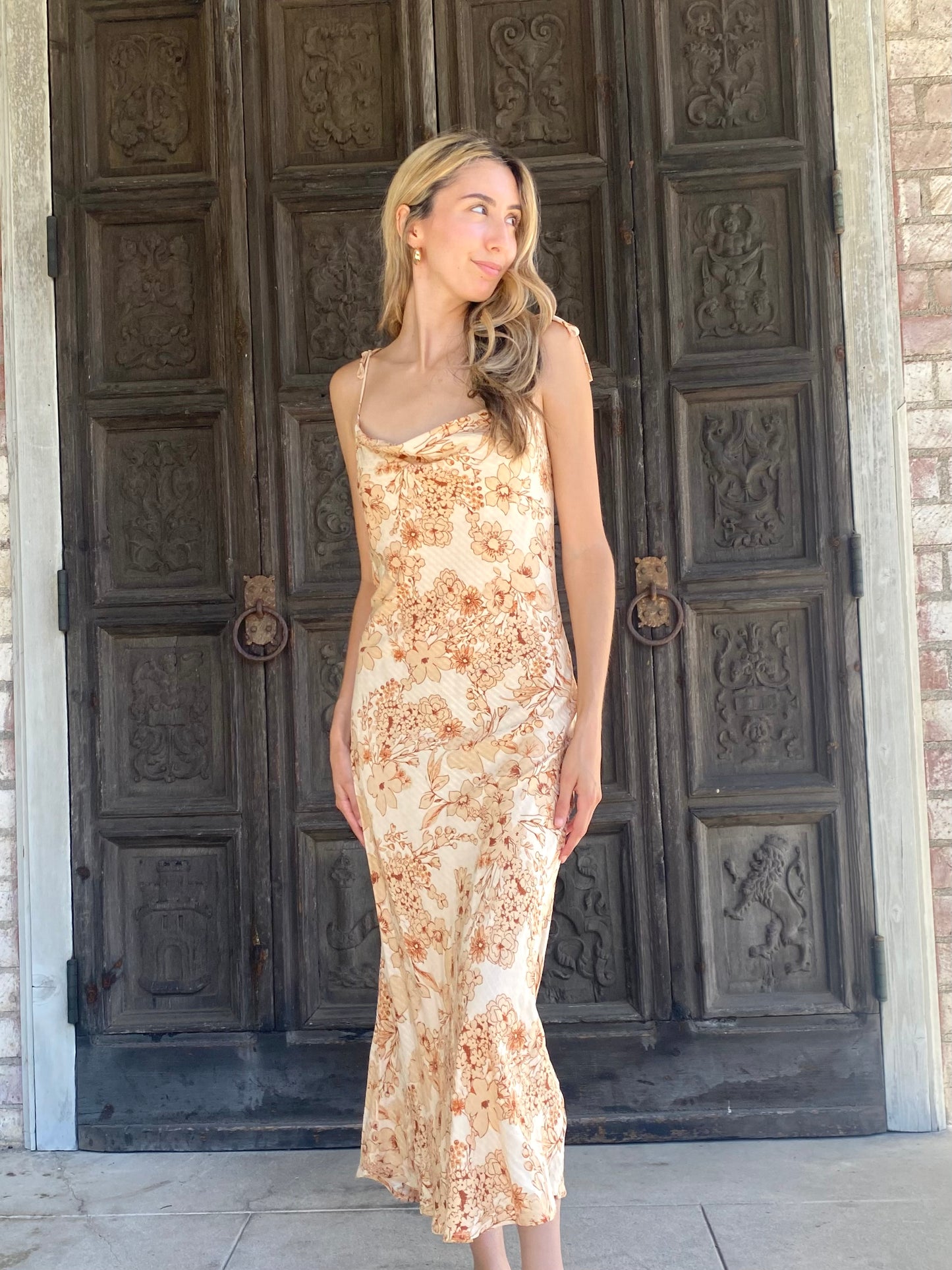 Neutral Floral Print Midi Dress