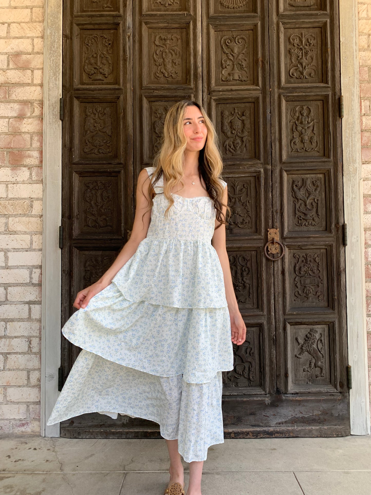 Blue Floral Ruffle Dress