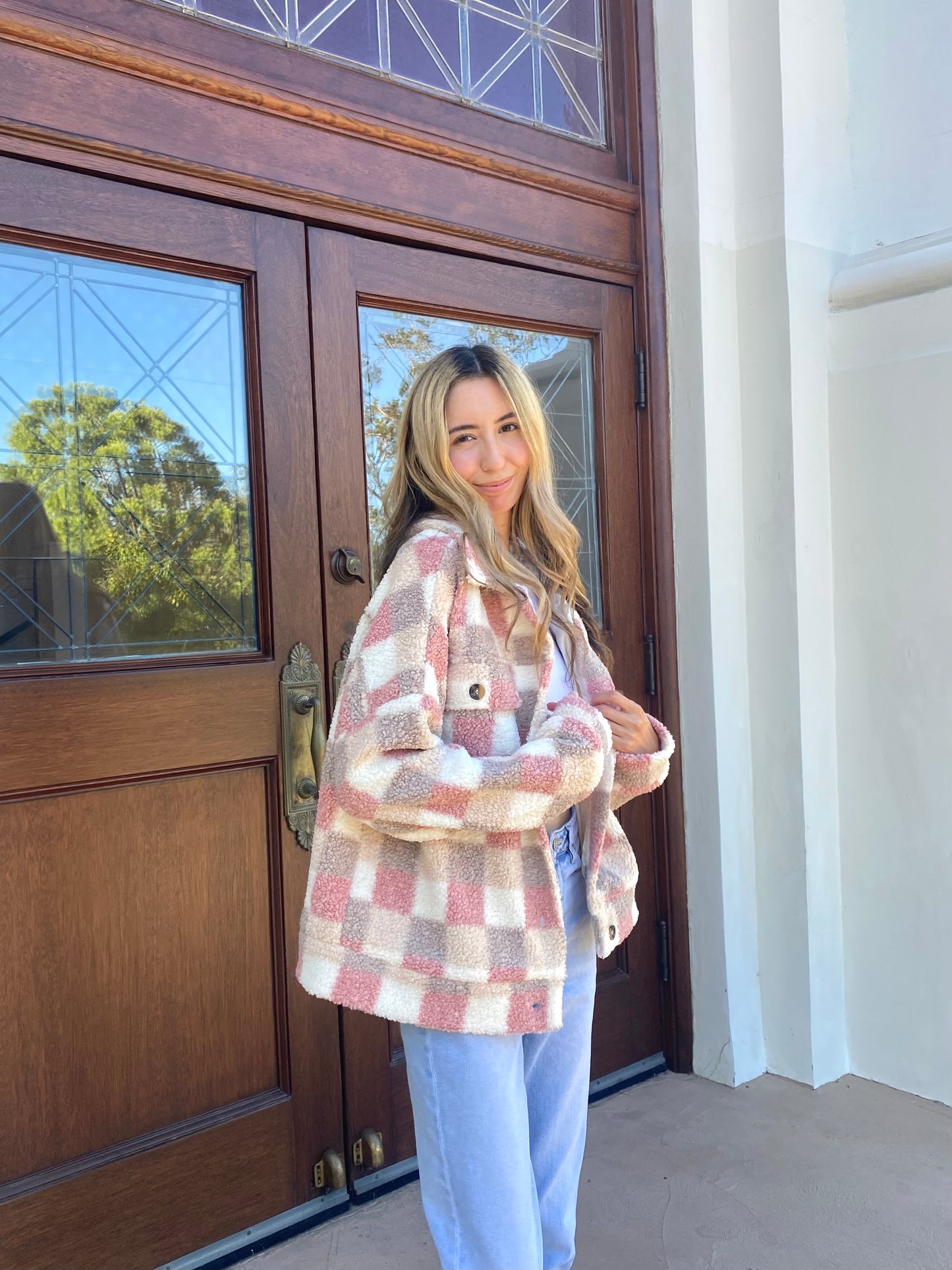 Neutral Pink Checkered Shacket