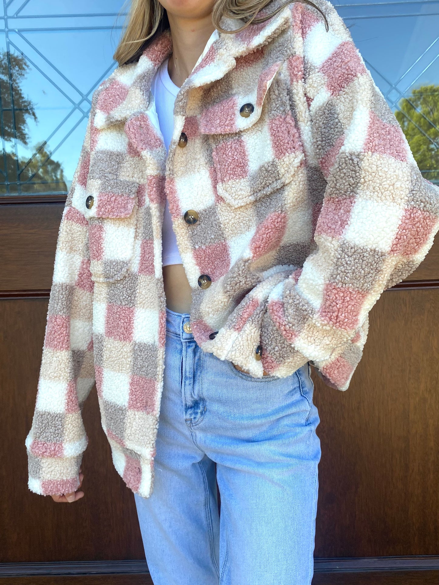 Neutral Pink Checkered Shacket