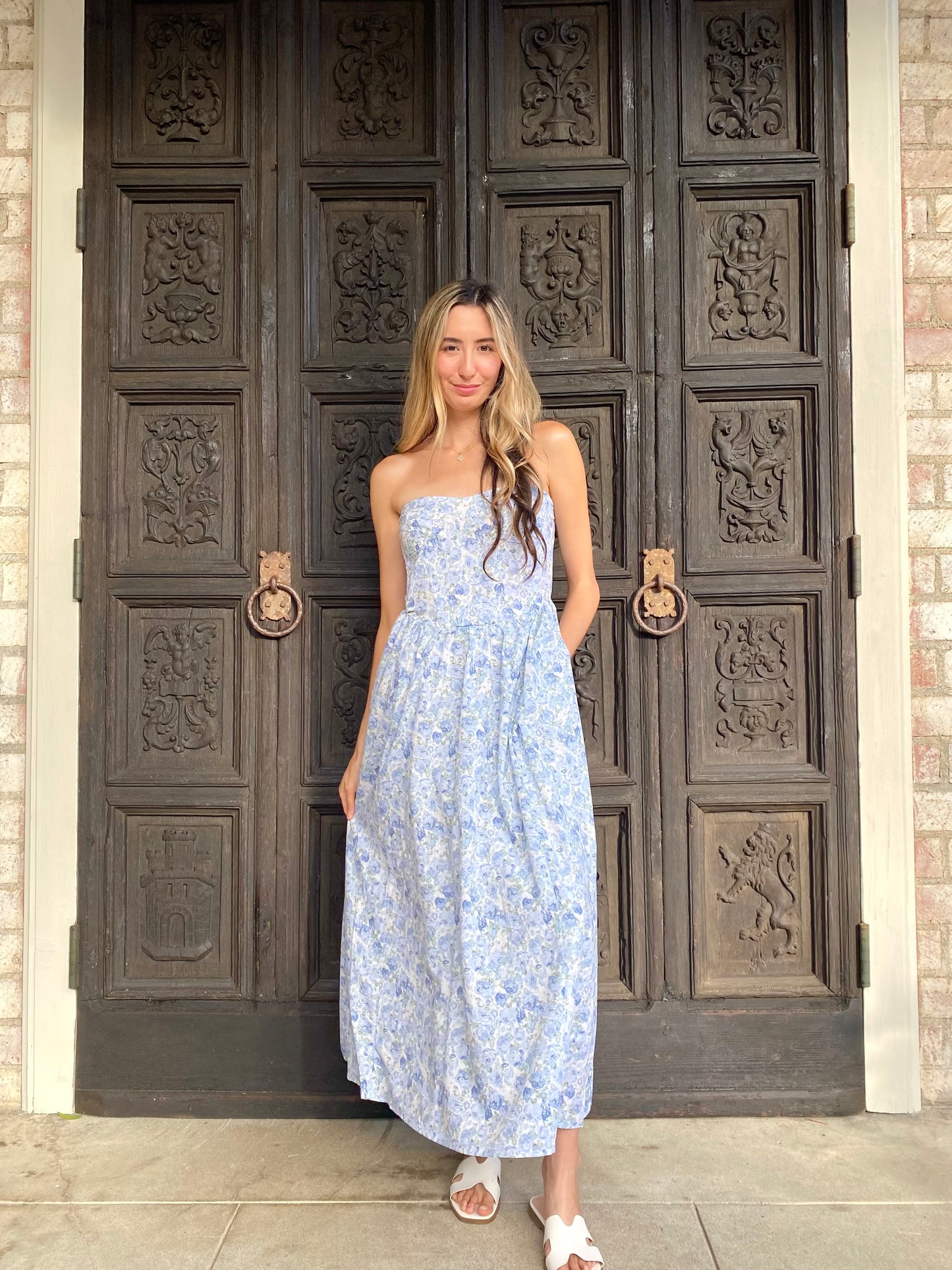 Blue Garden Strap Less Dress