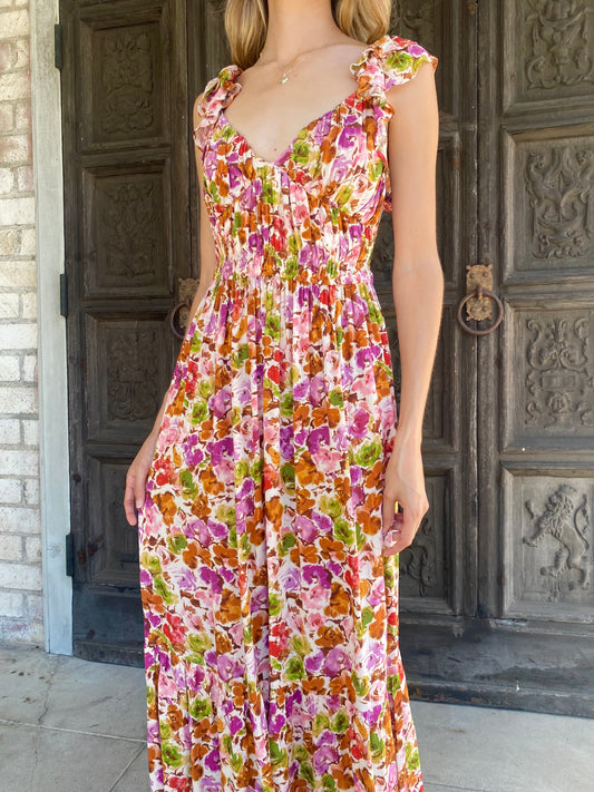 Magenta Floral Tie Back Midi Dress