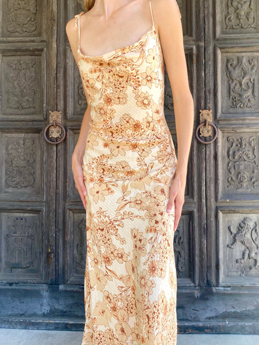 Neutral Floral Print Midi Dress