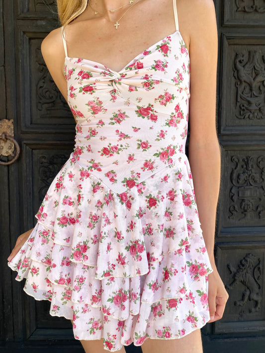 Pink Rose Ruffle Mini Dress