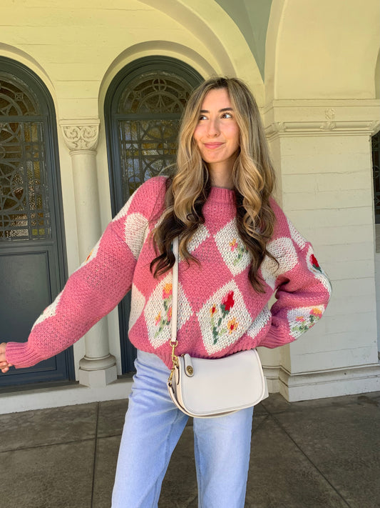 Pink Floral Knit Sweater