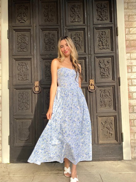 Blue Garden Strap Less Dress