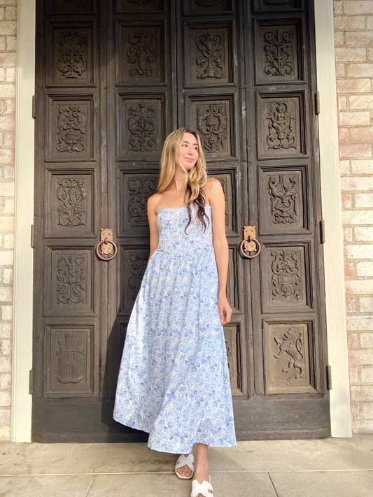 Blue Garden Strap Less Dress