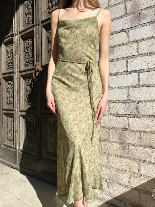 Green Floral Long Tied Dress