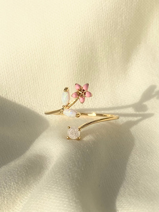 Gold Floral Pink Adjustable Ring