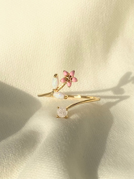 Gold Floral Pink Adjustable Ring